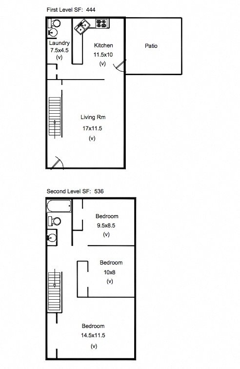 A floor plan for a home with a laundry room, kitchen, and living room on the first level, and three bedrooms on the second level.